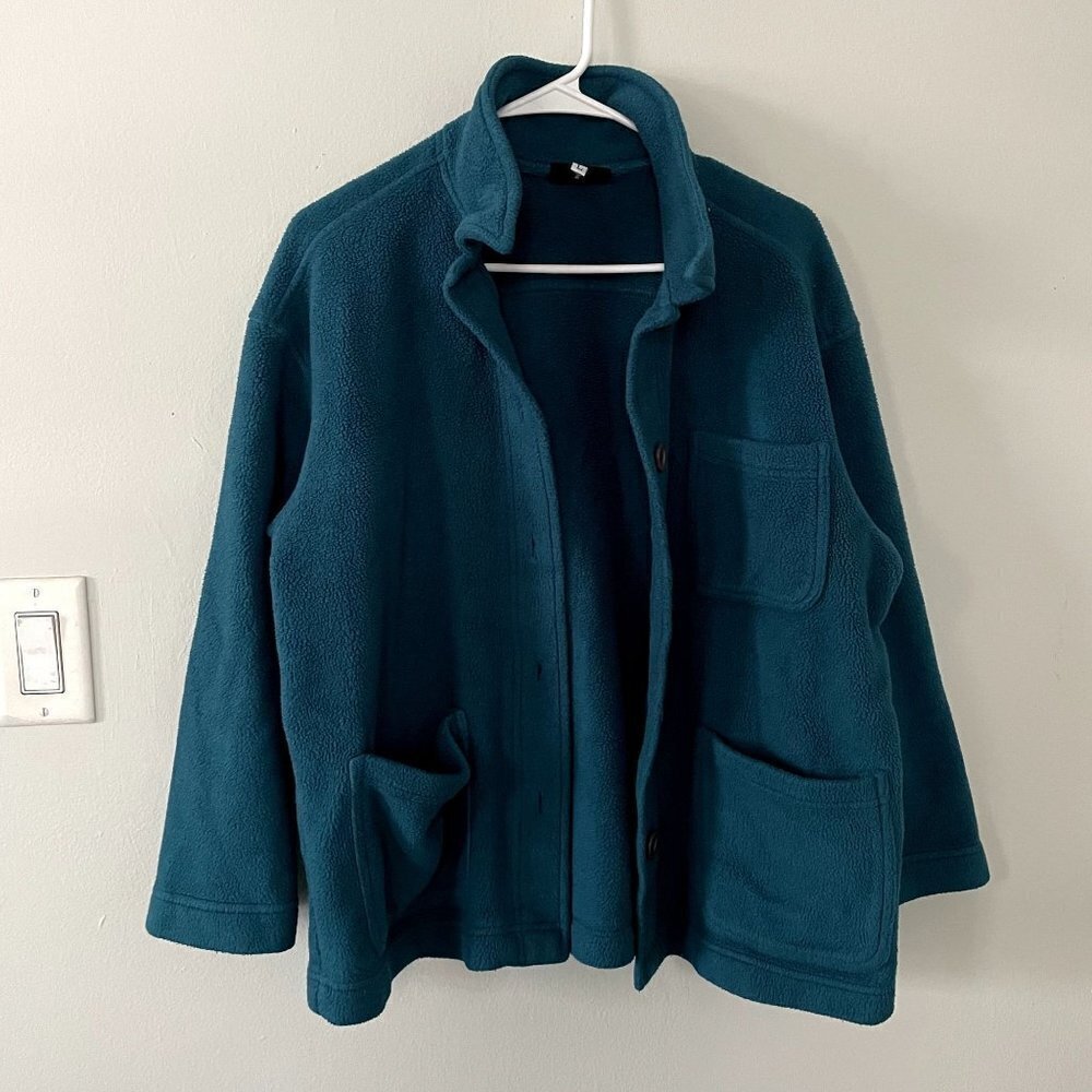III State Polartec Fleece Sweater L Turquoise Women Button Down Pocket